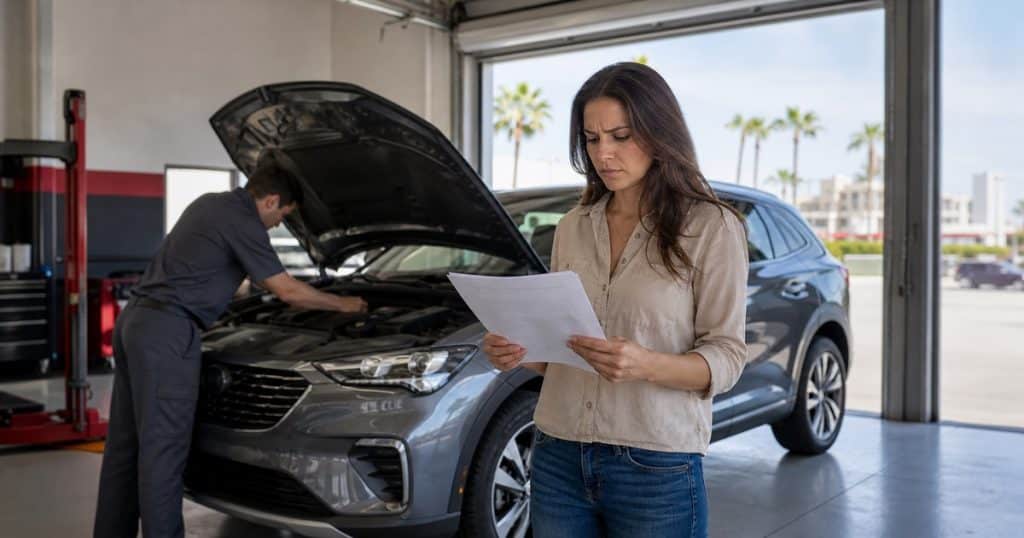 Los Angeles driver reviewing repair records for a defective vehicle