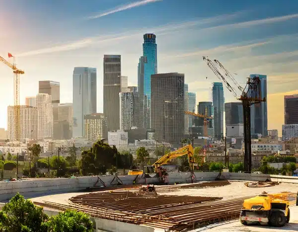 Los Angeles skyline with construction site in the foreground