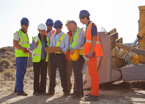 Workers receiving safety training at a construction site
