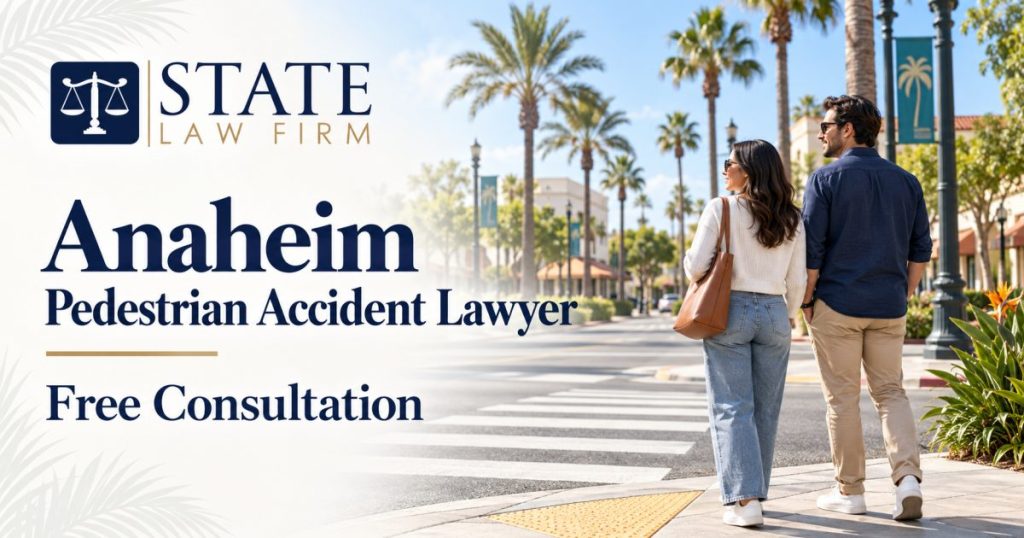 Ilustración de State Law Firm sobre accidentes peatonales en Anaheim, con dos adultos en una acera junto a una calle con palmeras y un cruce peatonal