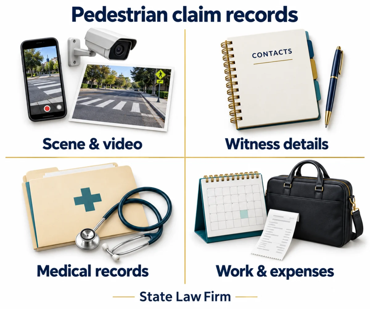 Abogado de accidentes peatonales en Anaheim: imagen 2 Registros de una reclamación peatonal: lugar y video, datos de testigos, registros médicos, trabajo y gastos.