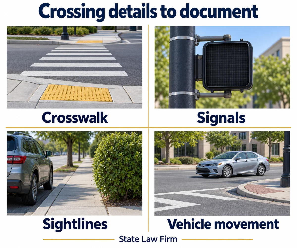 Abogado de accidentes peatonales en Anaheim: imagen 1 Cuatro detalles de un cruce peatonal que conviene documentar: cruce, semáforos y señales, visibilidad y movimiento del vehículo.
