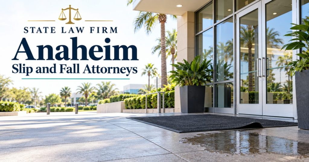 State Law Firm Anaheim Slip and Fall Attorneys illustration of a commercial entrance with a curled mat and a wet patch
