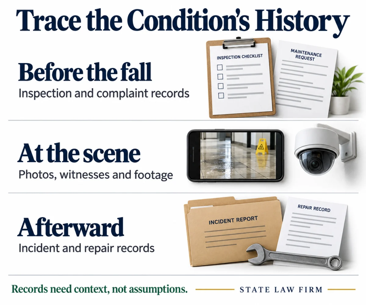 Anaheim Slip and Fall Attorneys 2 Fall evidence timeline: earlier inspection and complaint records, scene photos and witness or camera evidence, then incident and repair records.