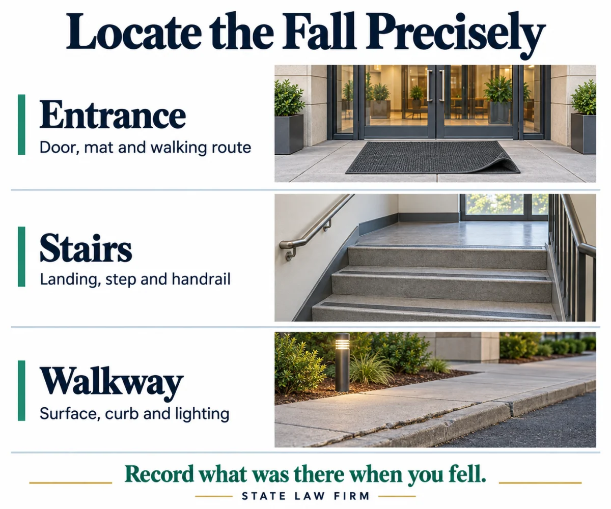 Anaheim Slip and Fall Attorneys 1 Fall-location details: entrance door, mat and route; stair landing, step and handrail; walkway surface, curb and lighting.