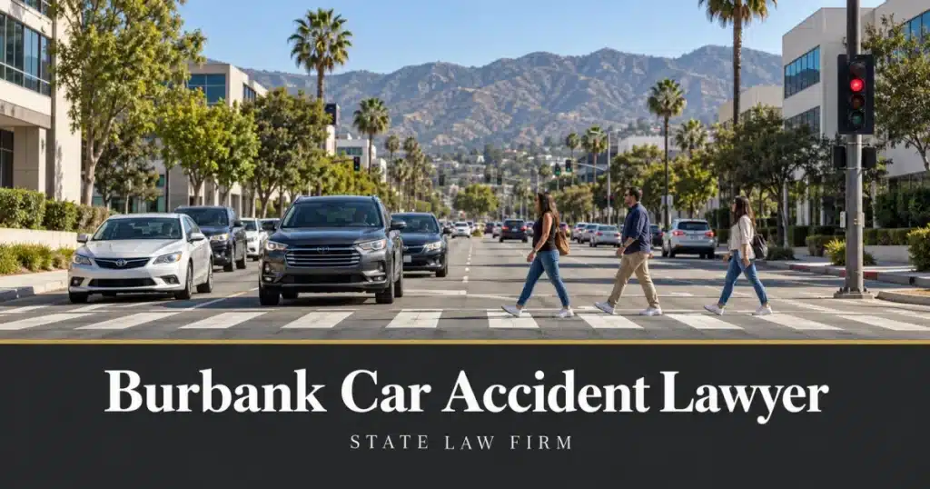 Burbank Car Accident Lawyer - State Law Firm. Editorial illustration, not an actual road, incident or office.