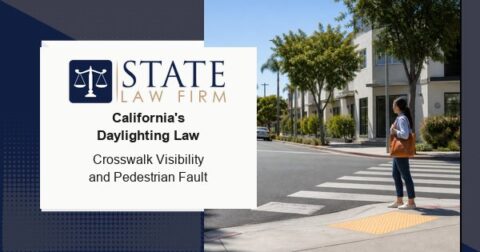 Pedestrian waiting at a visible California crosswalk under the daylighting law