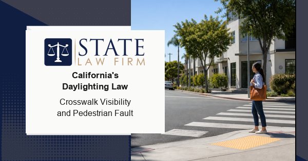 Pedestrian waiting at a visible California crosswalk under the daylighting law