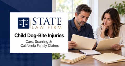 State Law Firm child dog-bite guide with an illustrative scene of adults organizing family records