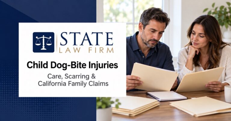 State Law Firm child dog-bite guide with an illustrative scene of adults organizing family records
