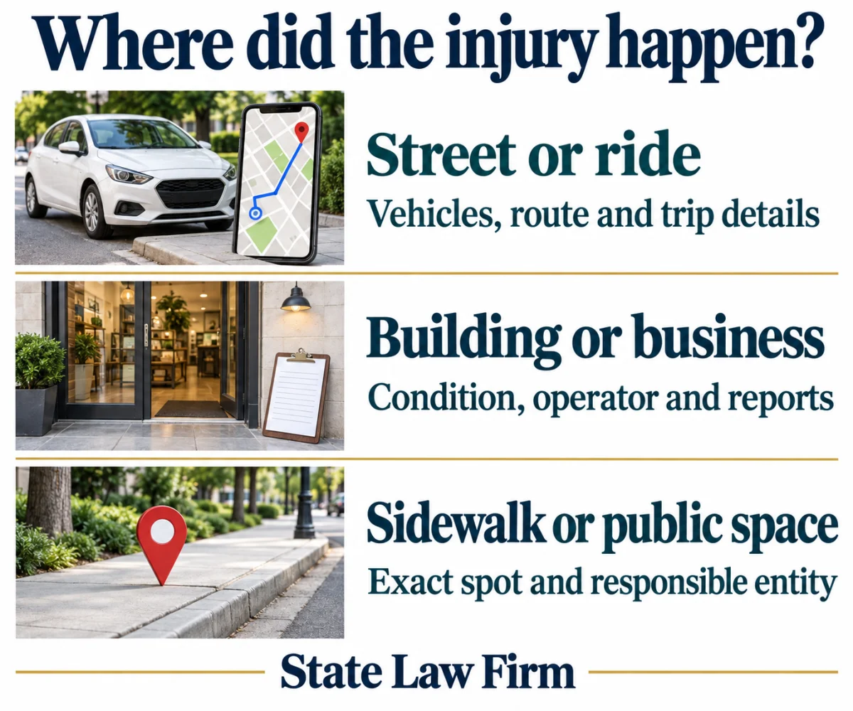 Encino Personal Injury Lawyer 1 Injury setting comparison: street or ride involves trip details; a building or business involves conditions and operators; a sidewalk requires the exact location and entity review.