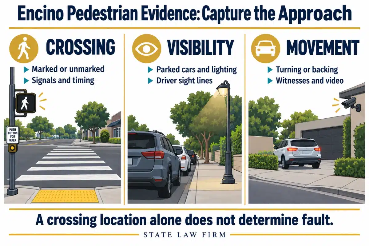 Encino Pedestrian Accident Lawyer 1 Pedestrian evidence includes the crossing and signals, parked cars and lighting that affect visibility, and turning or backing movements documented by witnesses or video.