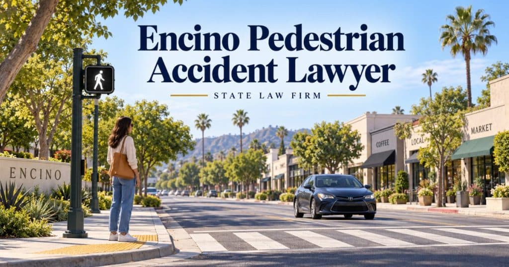 Encino Pedestrian Accident Lawyer - State Law Firm. Editorial illustration; not an actual incident or office.