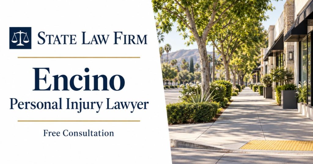 State Law Firm Encino Personal Injury Lawyer illustration of a tree-lined Valley-style commercial sidewalk