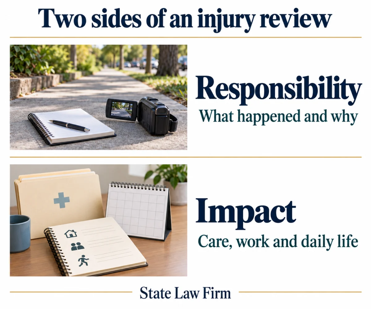 Encino Personal Injury Lawyer 2 Two injury-review topics: responsibility examines what happened and why; impact examines care, work, and daily life using relevant records.