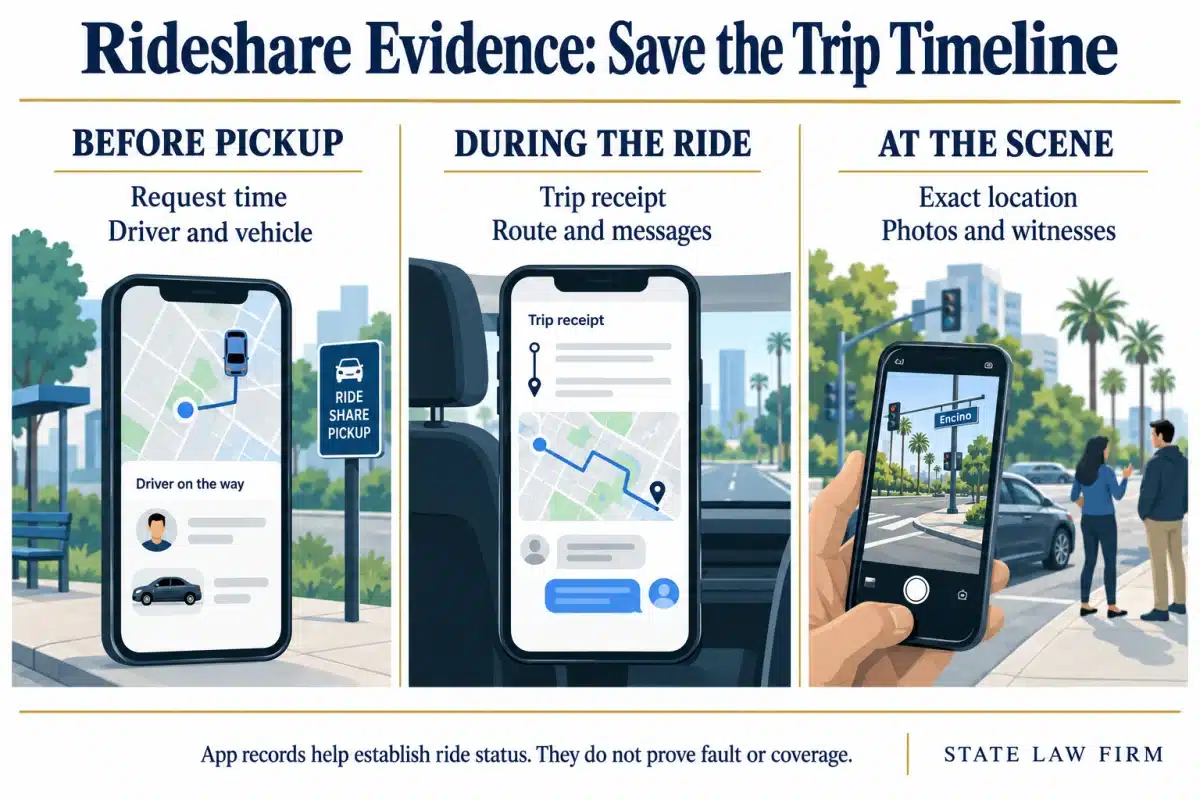 Encino Uber and Lyft Accident Lawyer 1 Rideshare records to preserve: request time and driver details before pickup; receipt, route and messages during the ride; exact location, photos and witnesses at the scene.