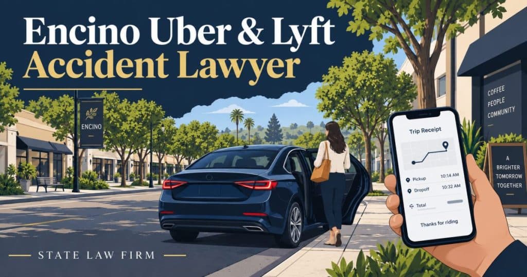 Encino Uber and Lyft Accident Lawyer - State Law Firm. Editorial illustration; not an actual incident or office.
