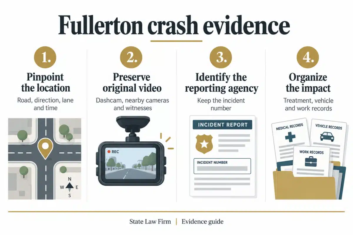 Fullerton crash evidence checklist: record the location, preserve original video, identify the reporting agency, and organize treatment, vehicle and work records.