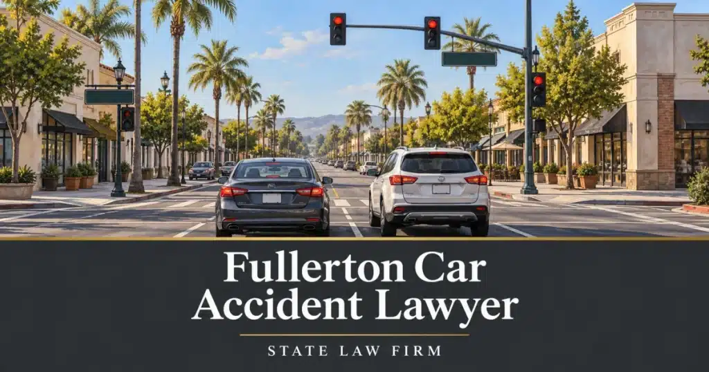 Fullerton Car Accident Lawyer 2 Fullerton Car Accident Lawyer - State Law Firm. Editorial illustration, not an actual road, incident or office.
