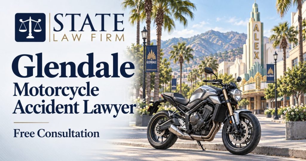 State Law Firm Glendale Motorcycle Accident Lawyer illustration with a silver motorcycle, palms, and Glendale-inspired architecture