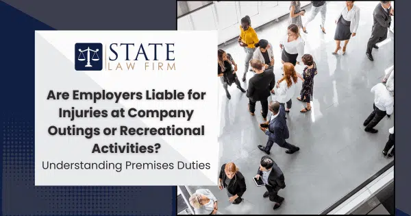 Group of state law firm employees standing in a lobby