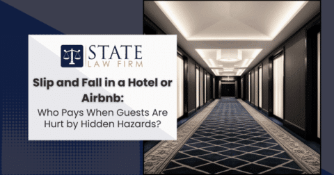 Hotel hallway with slip and fall sign