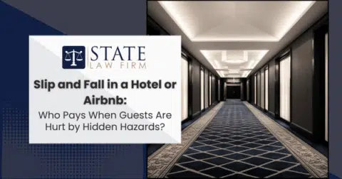 Hotel hallway with slip and fall sign