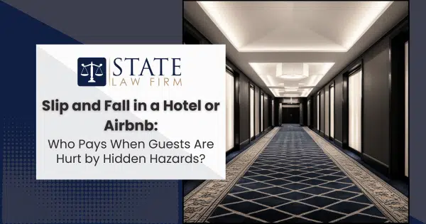 Hotel hallway with slip and fall sign