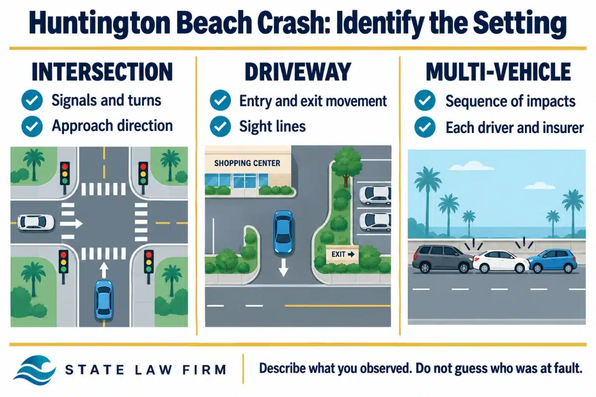 Huntington Beach Car Accident Lawyer 2 Collision evidence varies by setting: intersection signals and approach; driveway entry, exit and sight lines; or multiple impacts and the drivers and insurers involved.