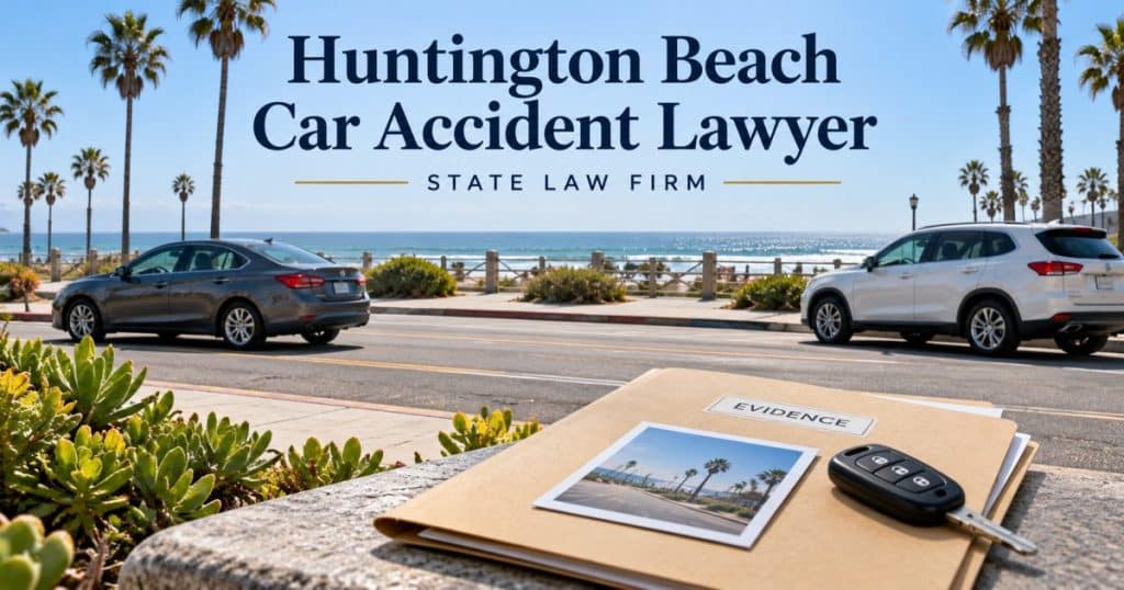 Huntington Beach Car Accident Lawyer - State Law Firm. Editorial illustration; not an actual incident or office.