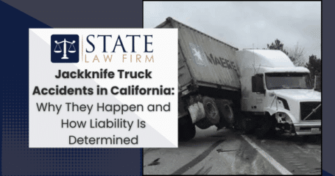 Jackknife truck accident in California with legal firm sign