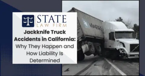Jackknife truck accident in California with legal firm sign