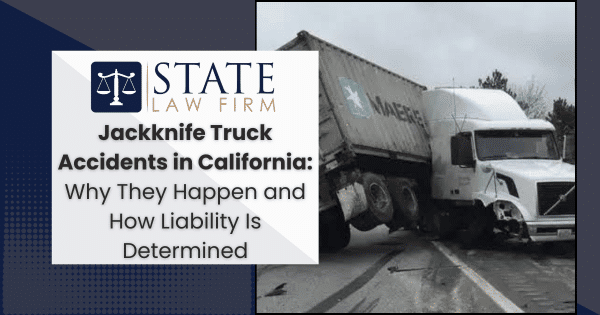 Jackknife truck accident in California with legal firm sign