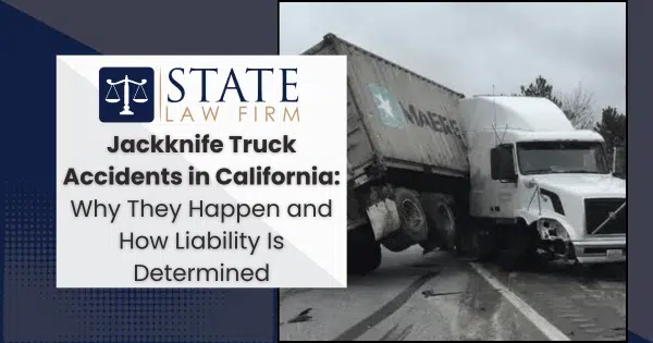 Jackknife truck accident in California with legal firm sign