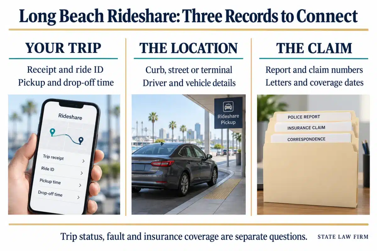 Long Beach Uber and Lyft Accident Lawyer 1 Connect trip receipt and ride times with the curb, street or terminal location and driver details, then keep report numbers, claim numbers and coverage correspondence.