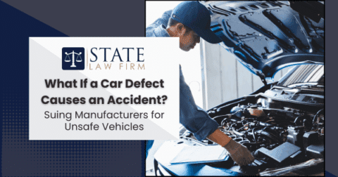 Man repairing car with state law firm text