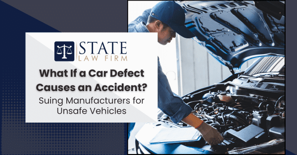 Man repairing car with state law firm text