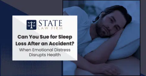 Man sleeping in bed with 'state law firm can you sue for sleep' text