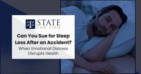 Man sleeping in bed with 'state law firm can you sue for sleep' text