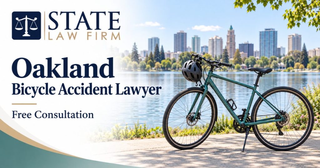 Ilustración de State Law Firm sobre accidentes de bicicleta en Oakland, con una bicicleta urbana verde azulado, un casco, un lago y un horizonte inspirado en Oakland