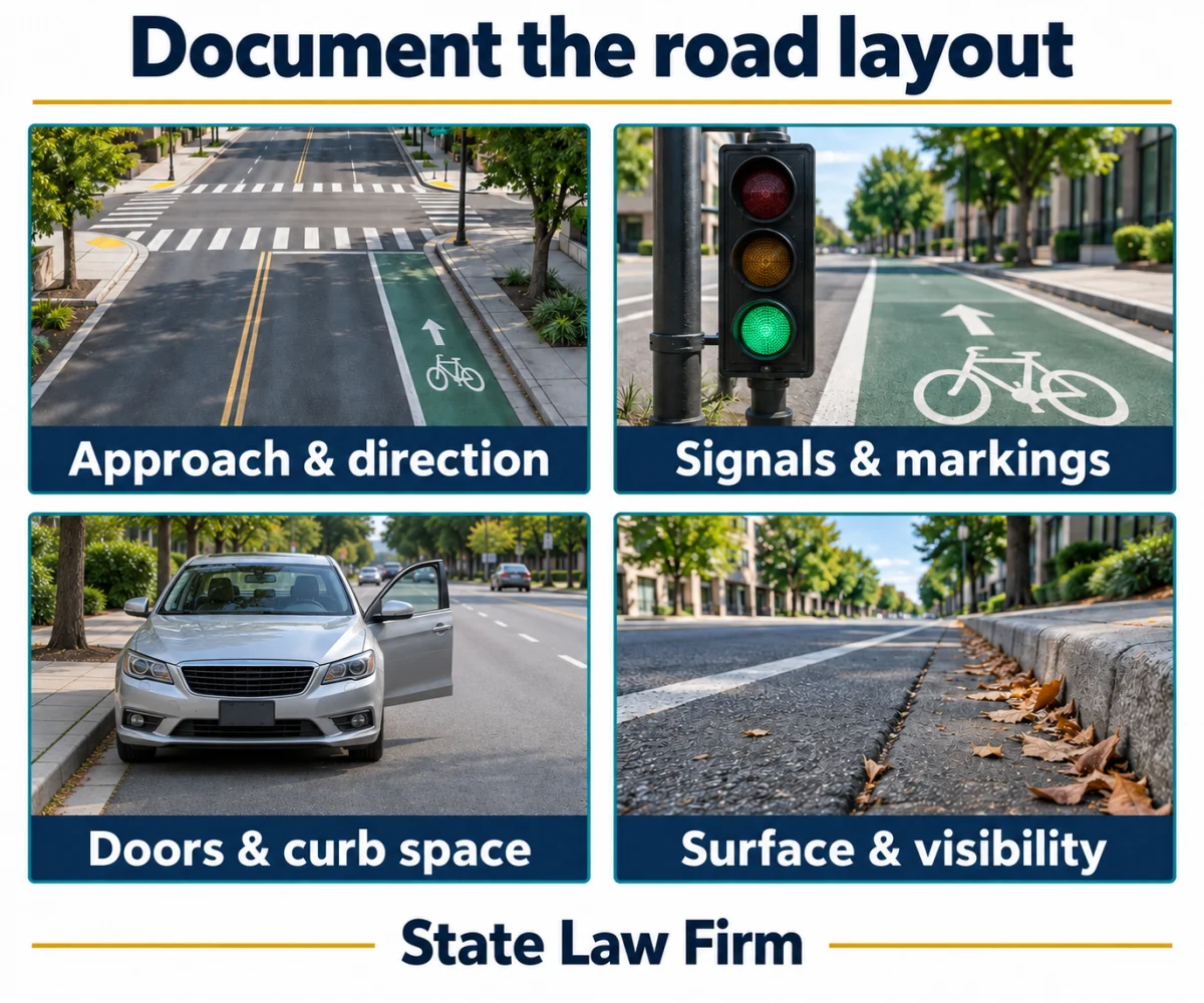Abogado de accidentes de bicicleta en Oakland: imagen 1 Detalles viales de un accidente de bicicleta: aproximación y dirección, semáforos y marcas, puertas y espacio junto a la acera, superficie y visibilidad.