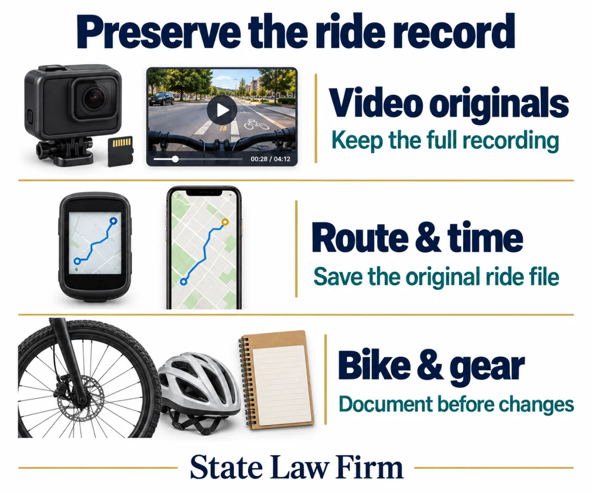 Abogado de accidentes de bicicleta en Oakland: imagen 2 Conserve grabaciones completas, archivos originales de ruta y tiempo, y el estado de la bicicleta y del equipo protector antes de hacer cambios.