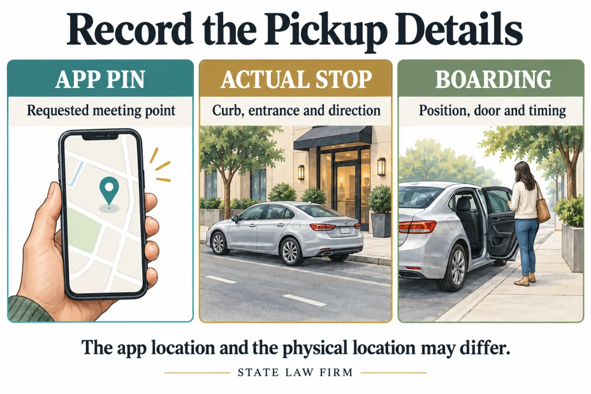 Oxnard Uber and Lyft Accident Lawyers 1 Rideshare pickup details: app pin for the requested meeting point, actual stop at the curb or entrance, and boarding position, door and timing.