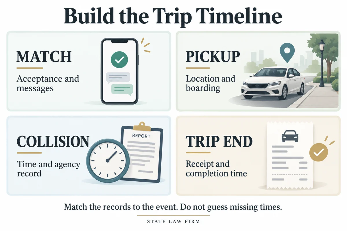 Oxnard Uber and Lyft Accident Lawyers 2 Trip timeline records: match acceptance and messages, pickup location and boarding, collision time and agency record, and trip-end receipt and completion time.