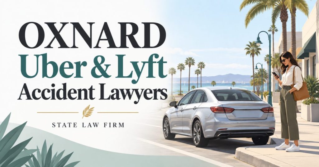 State Law Firm Oxnard Uber and Lyft Accident Lawyers illustration of a parked silver sedan and an adult checking a phone on a coastal-city sidewalk