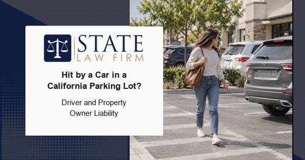State Law Firm blog banner showing a pedestrian near a reversing SUV in a parking lot
