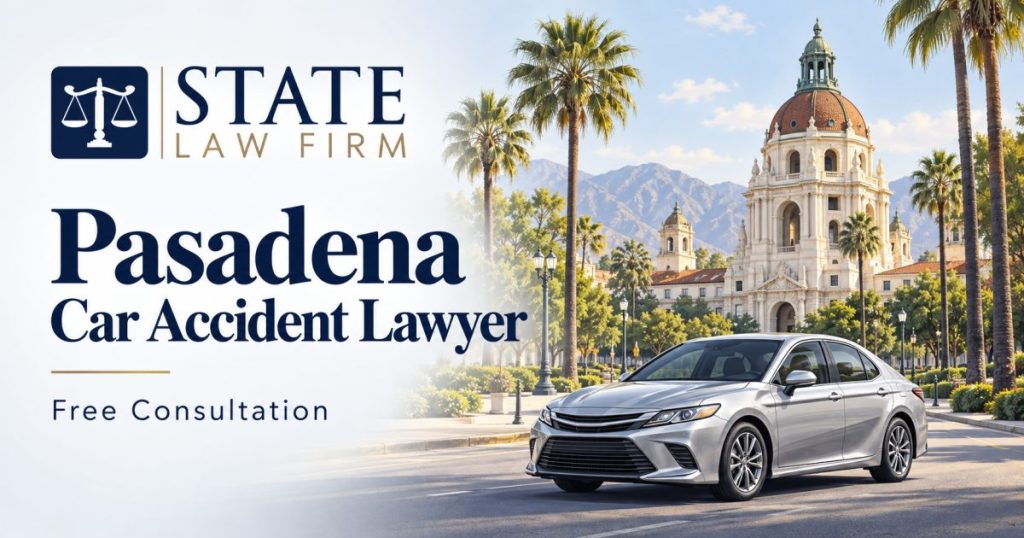 State Law Firm Pasadena Car Accident Lawyer illustration with a silver car and Pasadena City Hall