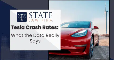 Red car with text overlay discussing Tesla crash