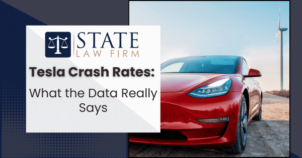 Red car with text overlay discussing Tesla crash