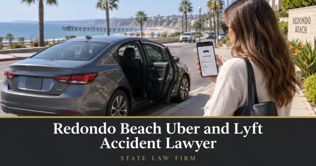 Redondo Beach Uber and Lyft Accident Lawyer - State Law Firm. Editorial illustration; not an actual incident or office.